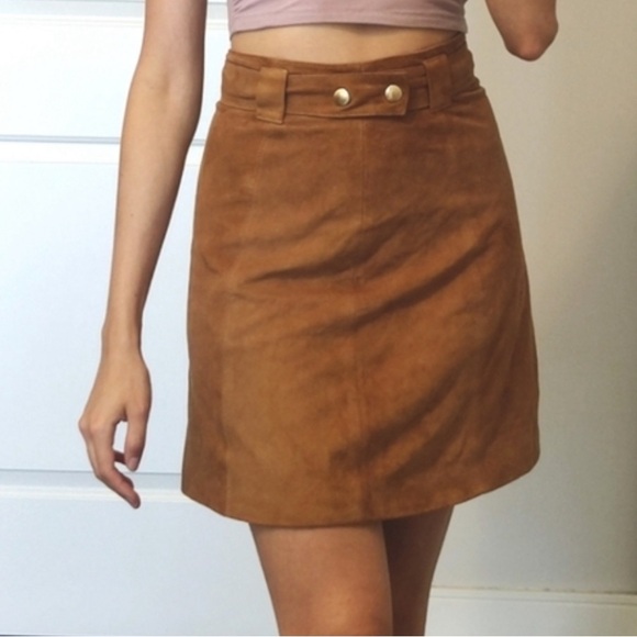 Faux Suede Brown High Rise A Line Skirt with belt - Picture 2 of 2